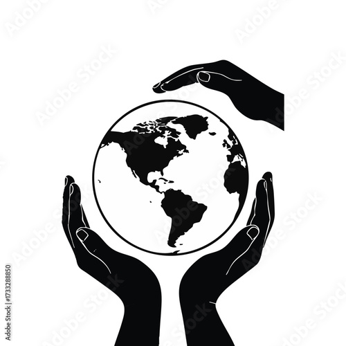 A simple illustration depicts hands cradling and protecting the Earth, symbolizing global care, environmental awareness, and conservation efforts.
