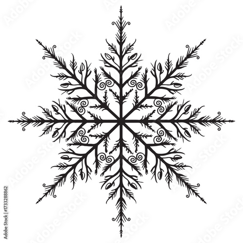 Intricate Snowflake Line Art  Symmetrical Black and White Winter Vector Illustration