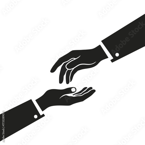 A simple illustration depicts two hands, one reaching out and the other offering support, symbolizing connection and assistance.