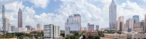 Wallpaper Mural View of the Midtown, Downtown Atlanta Skyline showing several prominent buildings, and hotels under a blue sky. Torontodigital.ca