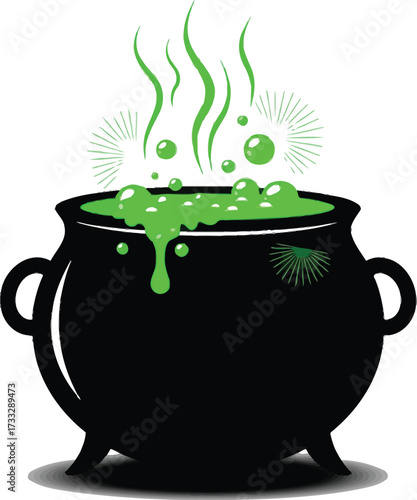 Black cauldron bubbling with green potion for halloween or magical themes art