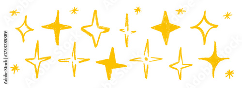 Golden crayon hand drawn stars and sparkles set. Gold rough brush stroke shine element pack for collage, poster, sticker, label. Sketched pencil asterisks. Yellow doodle sparks collection. Vector