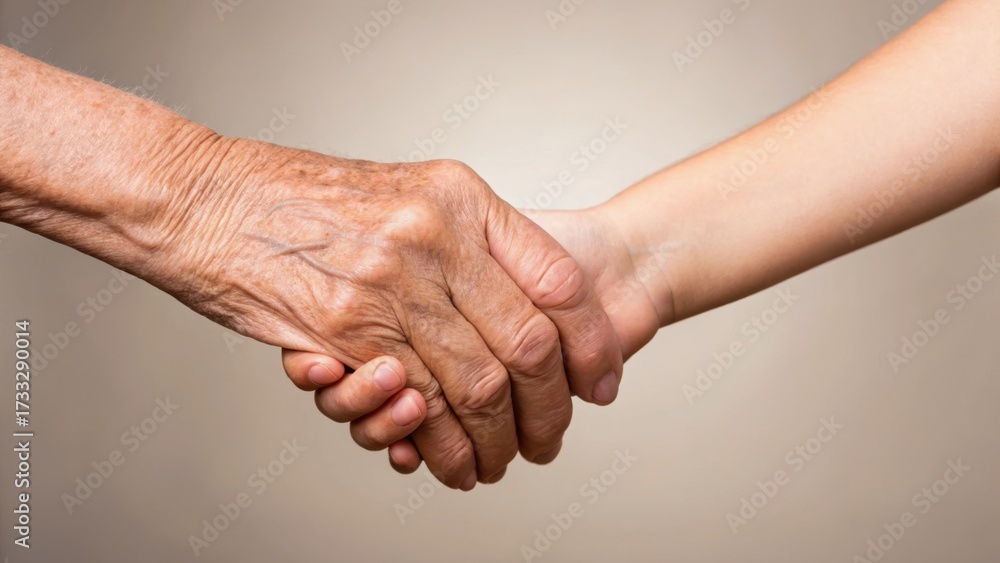 Fototapeta premium A young hand clasps an elderly hand in a gesture of connection, symbolizing love and unity across generations.
