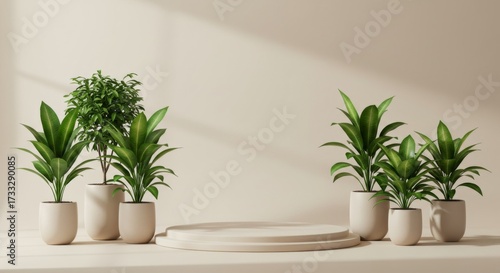 Minimalist interior with plants and podium