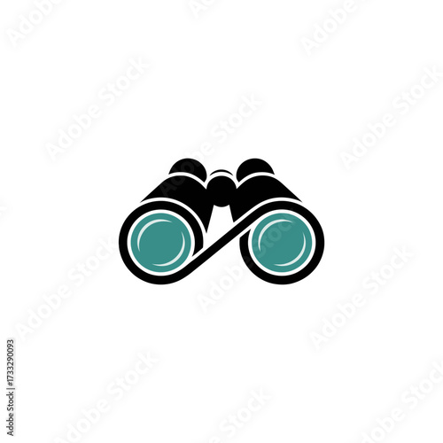 Minimal binoculars icon, teal lens highlights, scouting and discovery theme, wildlife observation logo, clean modern vector graphic