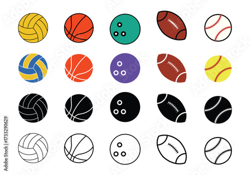 volleyball basketball bowling ball american football baseball set collection pack bundle black shape icon silhouette vector flat illustration design on white background