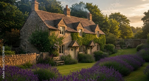 Quaint english cottage with lavender garden at dusk