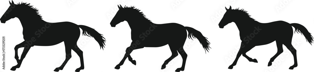 Obraz premium Horse silhouette running, galloping, trotting, black animal icon, dynamic motion pose, cad drawing flat vector illustration for stock design