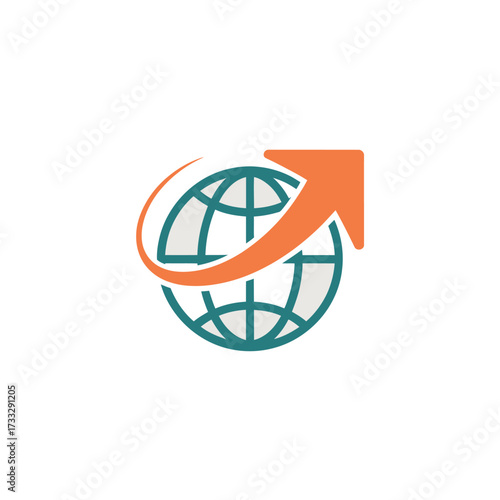 Worldwide progress arrow icon, globe orbit swoosh, economic development symbol, business expansion branding, international trade logo, vector graphic