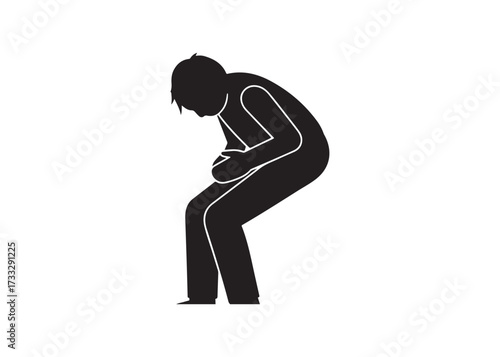 Stick figure man suffering from stomach ache isolated on white background