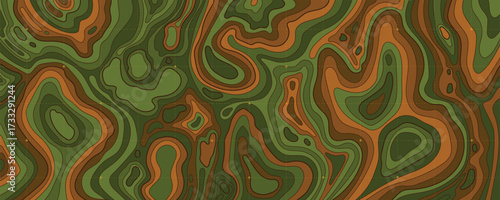 Multicolored Topographic Landscape Map with Grid and Lines, Outline Terrain. Banner with geographic mountain relief. Wavy abstract contour background with cartography texture 