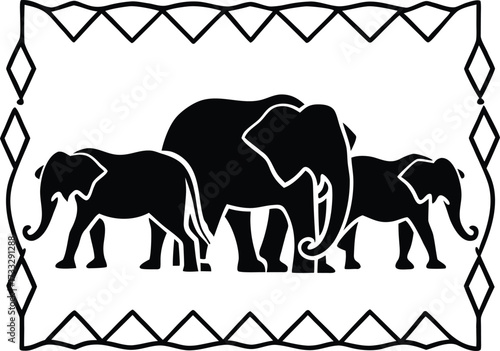 african elephant herd with tribal borders illustration on transparent background