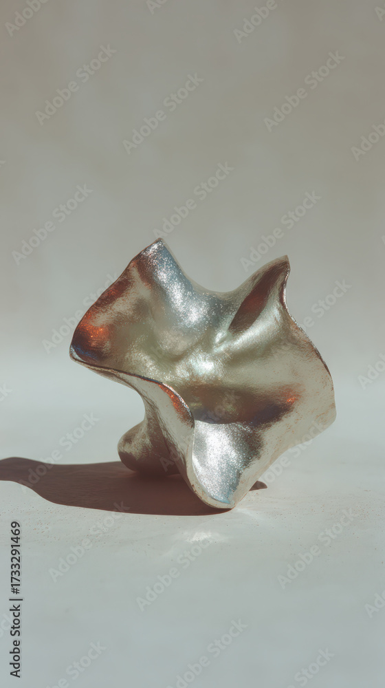 Naklejka premium An abstract fluid metallic sculpture showcases elegant curves and reflective surfaces illuminated by soft light, creating a modern artistic aesthetic