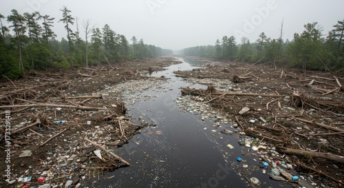 Polluted River Flowing Through Forest with Debris and Plastic Waste