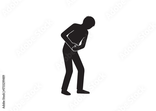 Stick figure man suffering from stomach ache isolated on white background