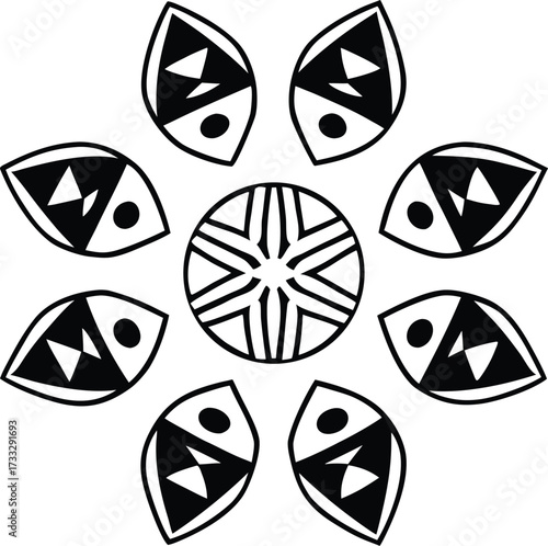 african tribal masks forming abstract mandala illustration on transparent background