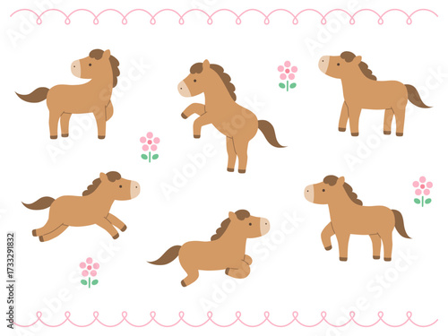 馬のイラストセット。かわいい、ベクター、セット、干支、午年、年賀状