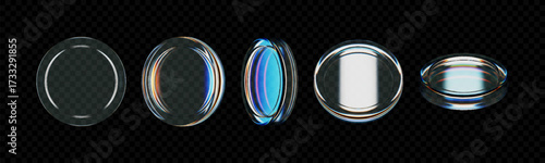 3D glass coins with holographic shine, floating in the air. Colorful token design for game rewards, casino chips, digital currency or prize medals, isolated on dark background.