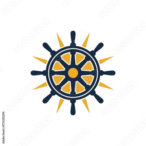 Simple steering wheel sunburst, nautical helm icon, coastal travel brand, sailing club identity, sea adventure logo, vector illustration