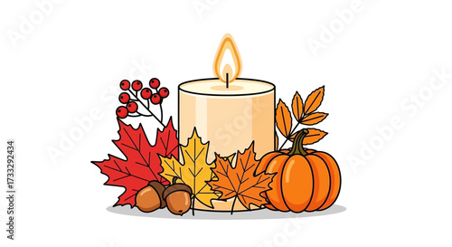 Candle with autumn decorations isolated on white background flat vector illustration
