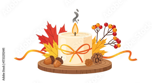 Candle with autumn decorations isolated on white background flat vector illustration