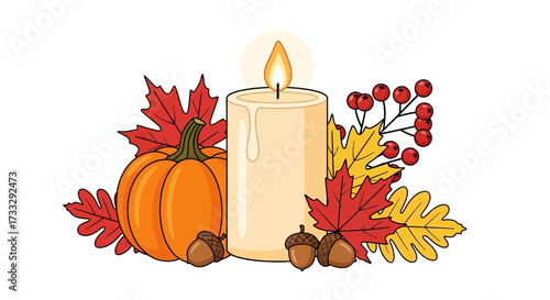 Candle with autumn decorations isolated on white background flat vector illustration