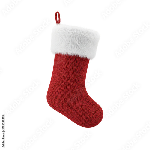 Red knitted Christmas stocking with white fur cuff