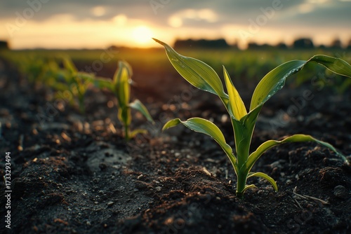 Corn growing in early season Seedlings in a corn field at sunrise sunset with black dirt