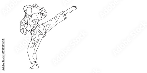 Minimalist line art illustration of a martial artist wearing a traditional uniform and belt, executing a powerful high kick, perfect for martial arts posters, sports branding, karate