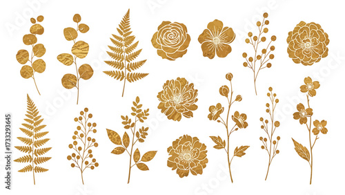A collection of golden botanical illustrations featuring various flowers, ferns, and branches with delicate details.