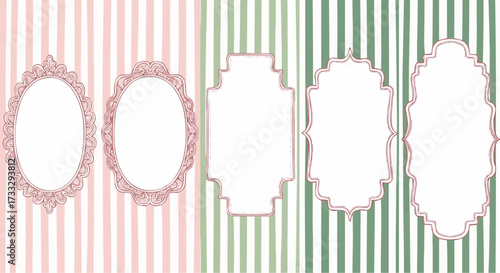 Collection of vintage style decorative frames on striped backgrounds