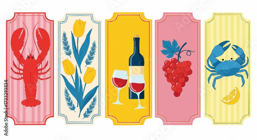 Collection of decorative labels featuring seafood flowers wine and fruit