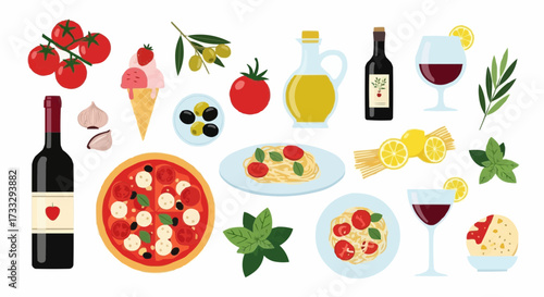 Italian food and drink collection with pizza pasta wine and ingredients