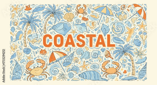 Coastal word surrounded by beach and ocean elements in a playful style