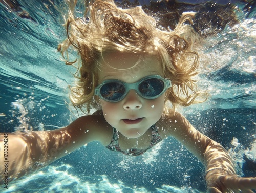 Young female child swimming in pool with goggles underwater