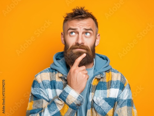Man against bare orange background pondering or thinking with a beard