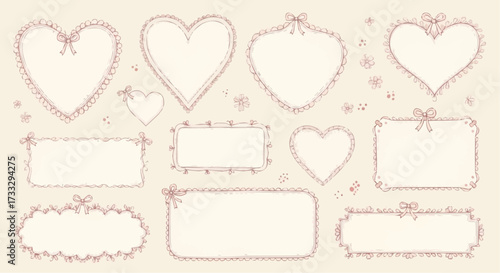 Collection of hand drawn heart and rectangular frames with bows and scalloped edges