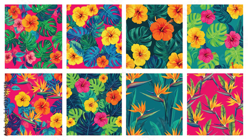A vibrant collection of eight tropical floral seamless patterns featuring hibiscus flowers and monstera leaves in bright, bold colors on pink and teal backgrounds.