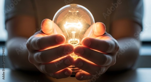 Man holding a bright light bulb in his hands, symbolizing a new idea or innovation concept
