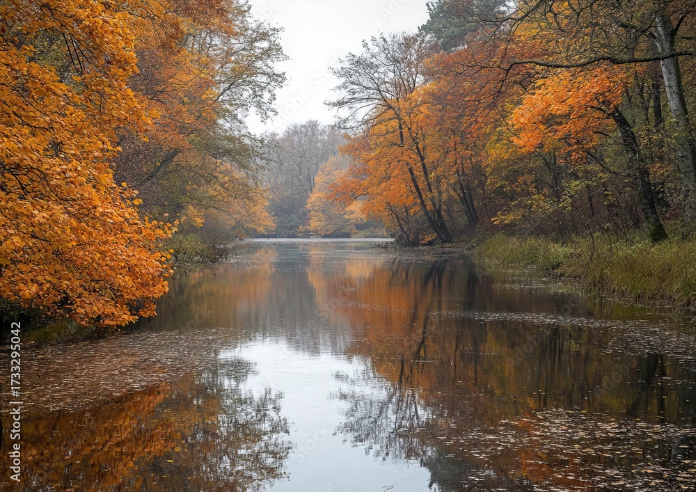 Fototapeta premium Autumnal forest reflects in a calm river