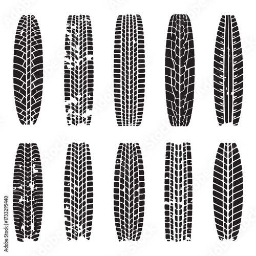 Tire tracks dirty set collection silhouette vector illustration flat design.