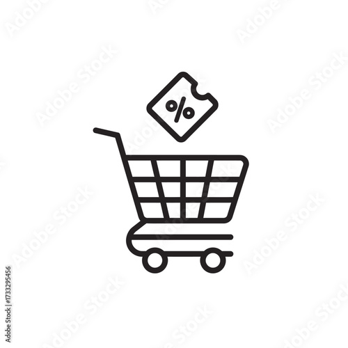 Minimalist Icon Vector Featuring Shopping Cart with Discount Coupon Illustration for Retail Promotion and Modern Business