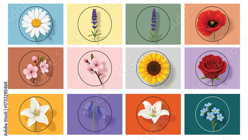 A collection of twelve illustrated flowers, each displayed in a circle on a colorful square background.