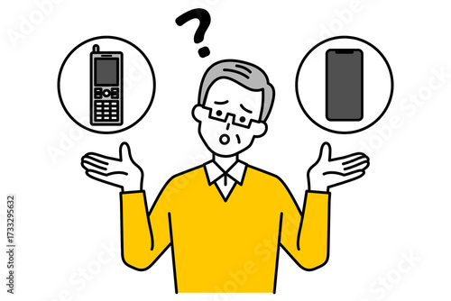 スマホとガラケーを迷っている年配の男性
