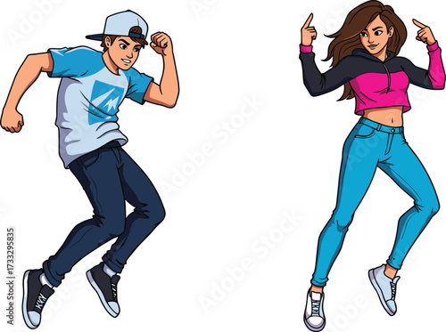 Cartoon illustration of stylish young boy and girl dancing in modern street style outfits, energetic hip hop dance performance vector