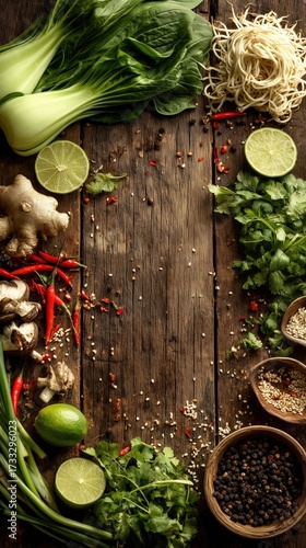 A top-down photo of a rustic wooden kitchen table, with fresh vibrant ingredients messily scattered around the edges