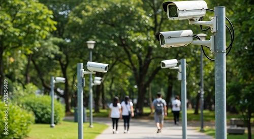 Surveillance cameras monitoring public space with green foliage in background