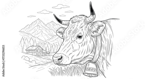 Close up sketch of a longhorn cattle head with mountains in the background.