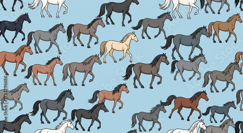 A charming collection of diverse horses in full stride across a soft blue background.