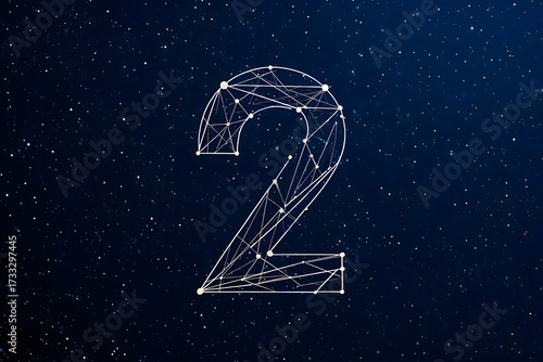 A digital illustration of the number two made of lines and dots against a starry night background